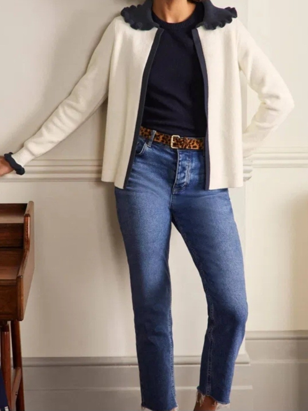 Boden Cream Open-Front Cardigan with Navy Blue Ruffle Collar